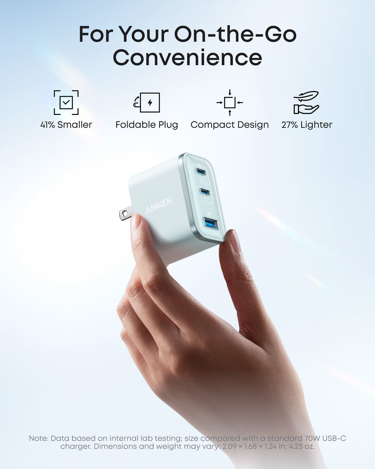 Anker Nano 70W charger with three USB-C ports and one USB-A port, compact design, shown on a white background.