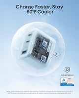 Anker Nano Charger with 70W power and three USB ports, compact white charging adapter on a neutral background.