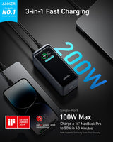 Anker Prime 20K 200W power bank for charging devices, shown with sleek black design and multiple charging ports.