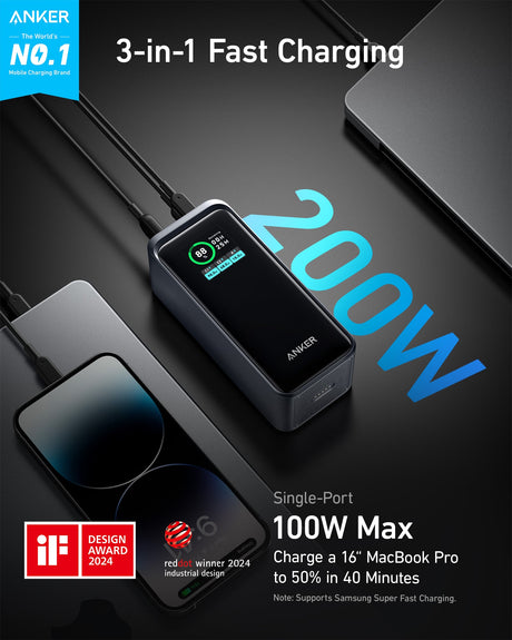 Anker Prime 20K 200W power bank for charging devices, shown with sleek black design and multiple charging ports.