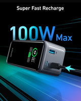 Anker Prime 20K 200W power bank for charging devices, shown with USB ports and sleek black design.