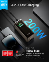 Anker Prime 20K 200W power bank for charging devices, featuring multiple ports and a sleek black design.