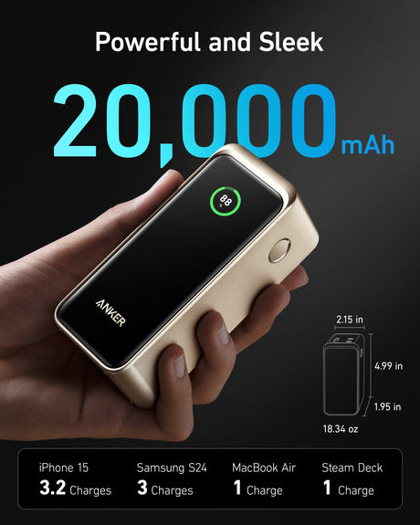 Anker Prime 20K 200W power bank for charging devices, featuring multiple ports and a sleek black design.
