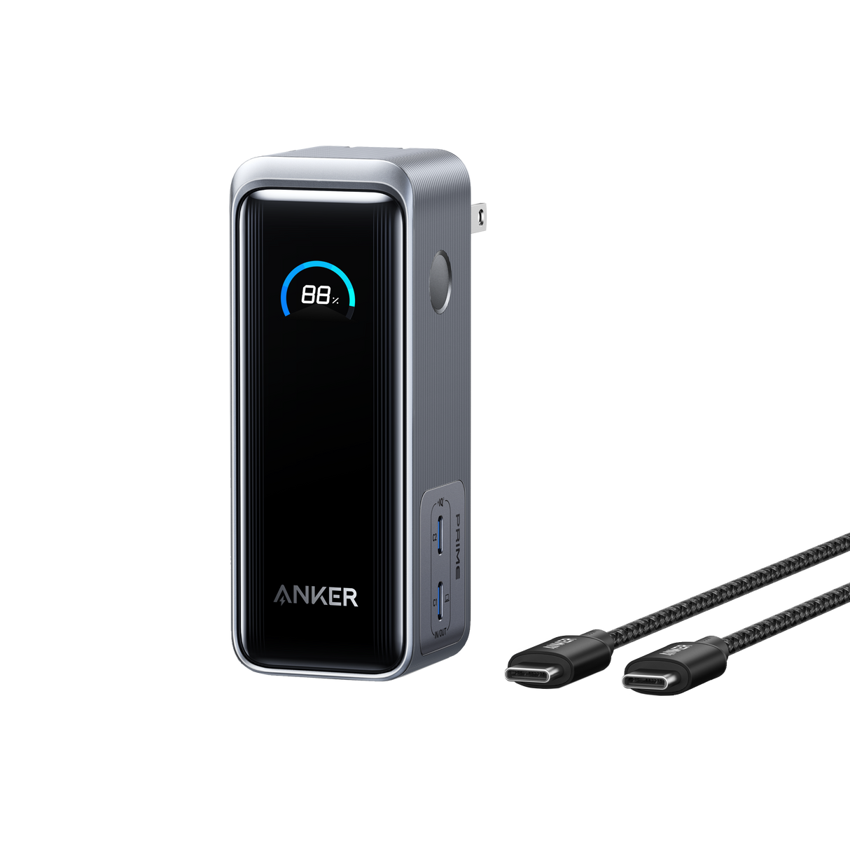 Anker Prime Power Bank 9.6K with 65W fusion charging, compact design, and multiple ports for portable device power.