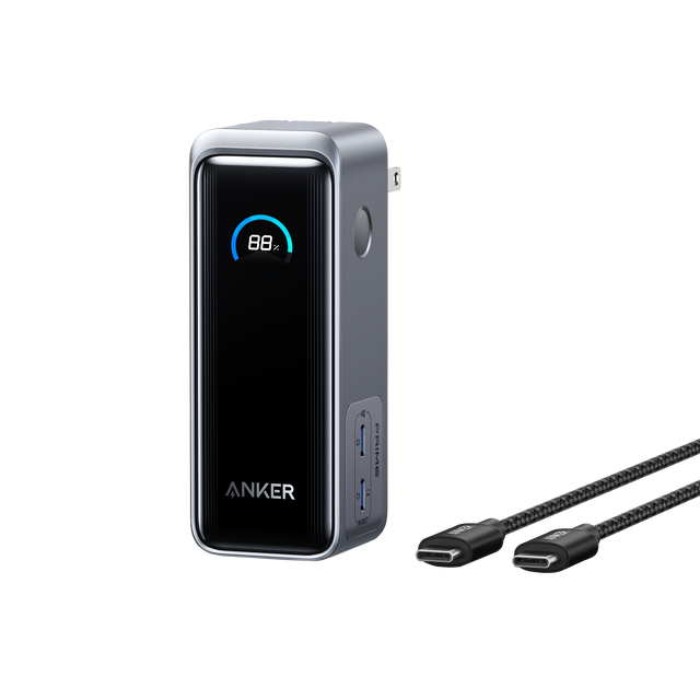Anker Prime Power Bank 9.6K with 65W fusion charging, compact design, and multiple ports for portable device power.