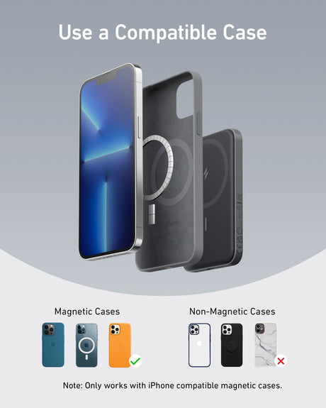 Anker 621 Magnetic Battery MagGo for charging, showing the portable power bank attached to a smartphone with magnetic connection