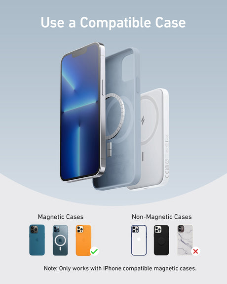 Anker 621 Magnetic Battery MagGo for charging, showing the compact magnetic power bank attached to a smartphone.