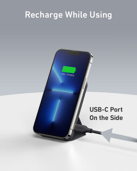 Anker 622 MagGo magnetic battery pack attached to a device, demonstrating portable charging capability.