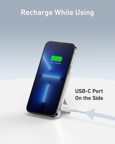 Anker 622 MagGo magnetic battery charger attached to a smartphone, showing sleek design and magnetic connection for portable charging.