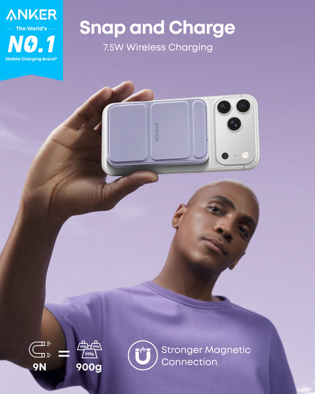 Anker 622 Magnetic Battery MagGo for charging, showing the compact black power bank with magnetic attachment and charging port.