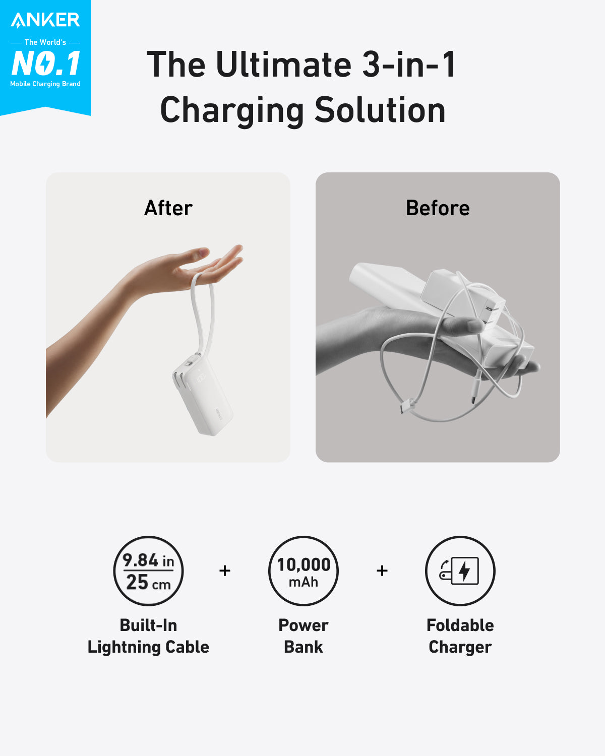 Anker Power Bank 10K Fusion with built-in cable, black portable charger for smartphones and devices, on a white background.