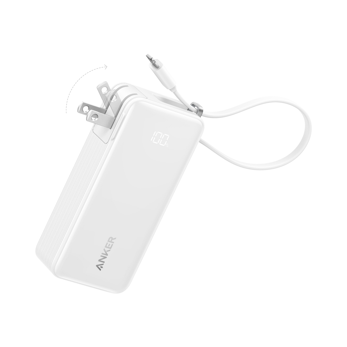 Anker Power Bank 10K Fusion with built-in cable, compact portable charger for smartphones and devices.