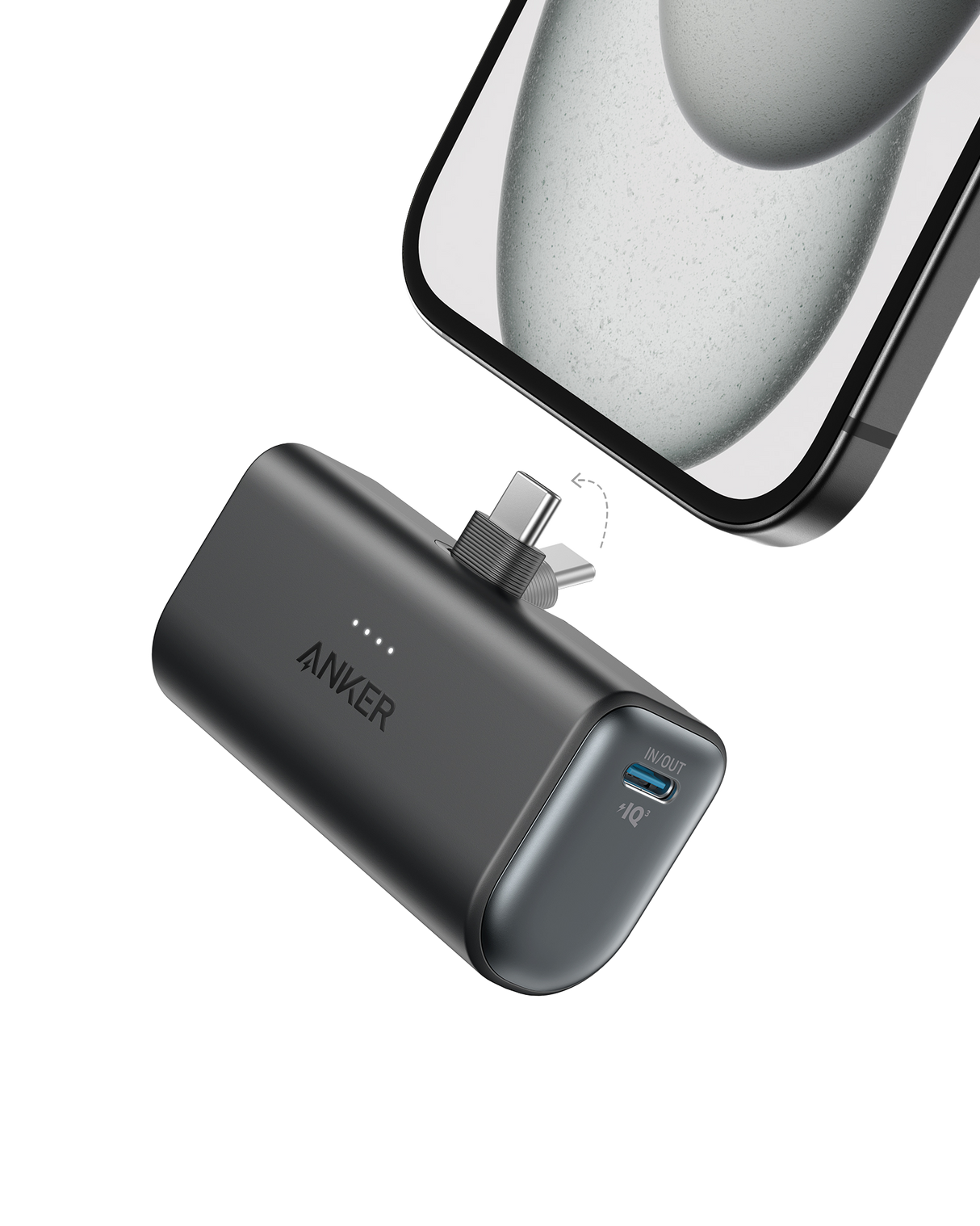 Anker Nano 22.5W portable power bank with built-in USB-C connector for fast charging, shown in a sleek compact design.