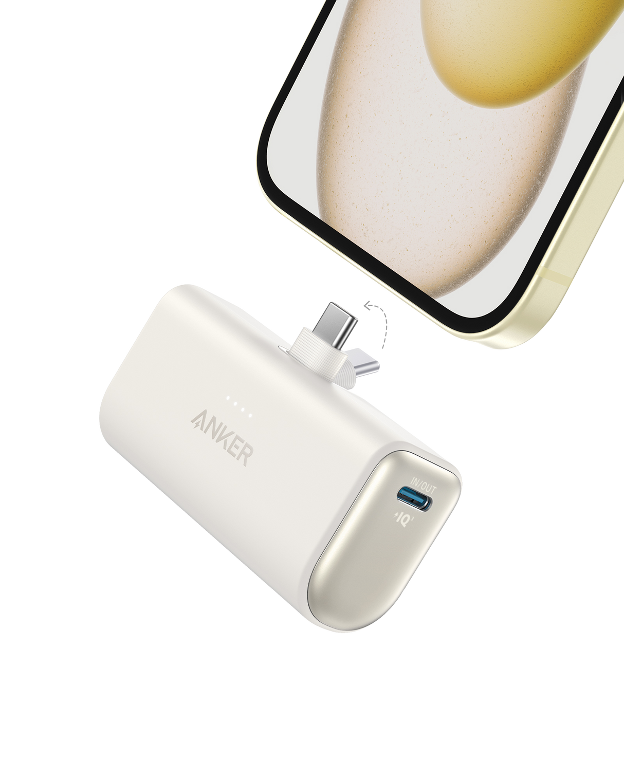 Anker Nano 22.5W power bank with built-in USB-C connector for portable charging, shown in a sleek compact design.