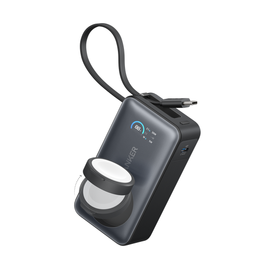 Anker MagGo 10K 35W power bank with MagSafe magnetic charger for Apple Watch, compact portable design, front view.