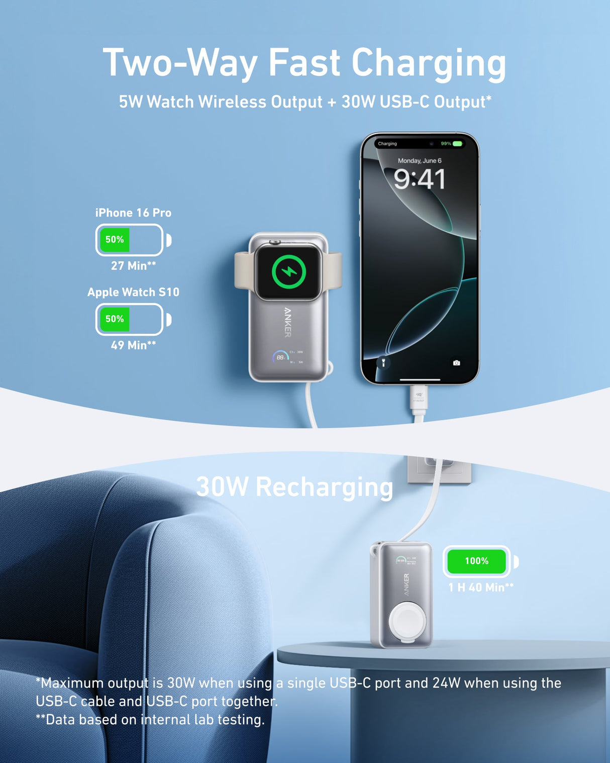 Anker MagGo 10K 35W power bank with Apple Watch magnetic charger, compact portable design for wireless charging.