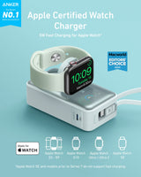 Anker MagGo 10K 35W power bank with MagSafe magnet for Apple Watch charging, compact portable design, and sleek black finish.