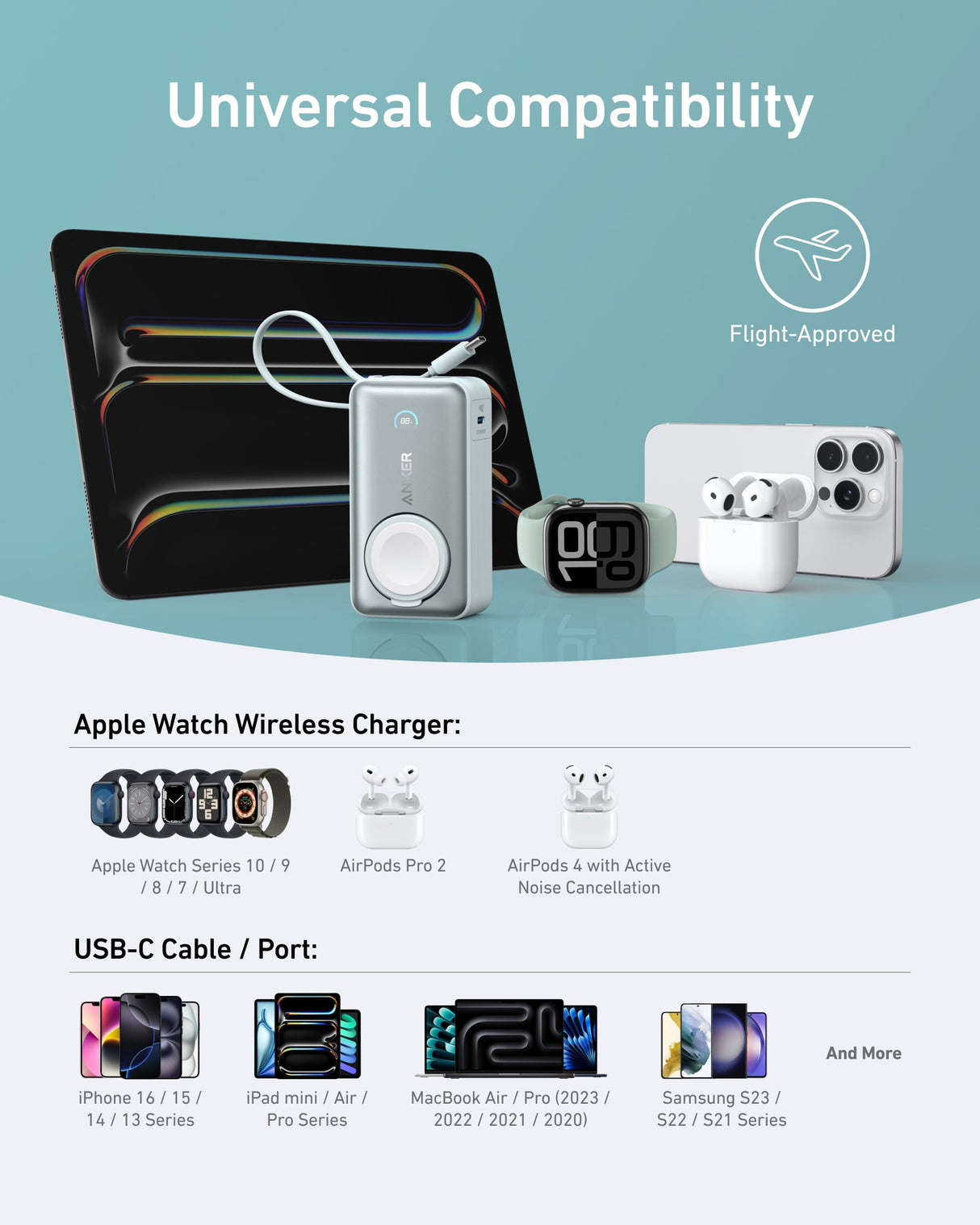 Anker MagGo 10K 35W power bank with magnetic charging pad for Apple Watch, compact portable design, white color.