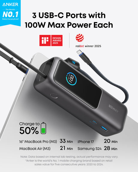 Anker Laptop Power Bank (25K, 165W, Built-In and Retractable Cables) - AKD Ink