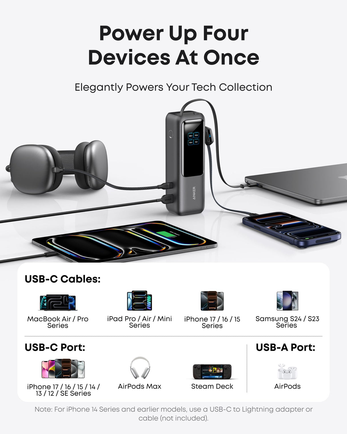 Anker 25,000mAh laptop power bank with 165W output, built-in retractable cables, portable charger for laptops and devices