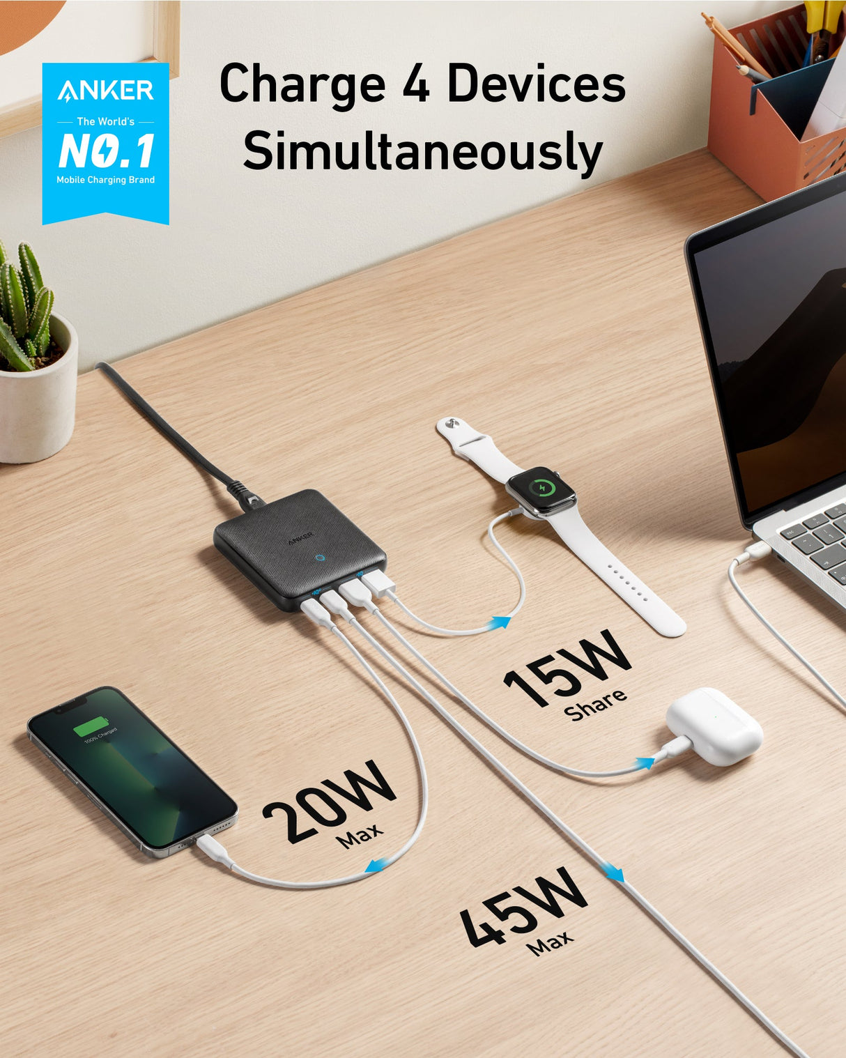 Anker 543 65W II charging only USB-C wall charger with compact design and multiple charging ports for fast device power.