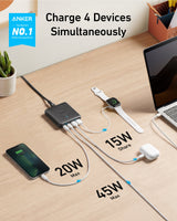 Anker 543 65W II charging only USB-C wall charger with compact design and multiple charging ports for fast device power.