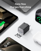 Anker Nano 30W charger with compact design, shown connected to a smartphone for fast charging.