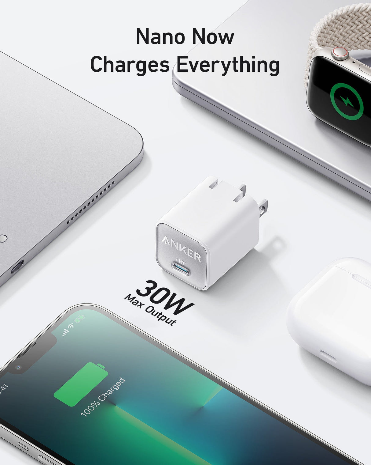 Anker Nano 30W compact USB-C charger for fast charging devices, shown in black with foldable prongs.