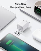 Anker Nano 30W compact USB-C charger for fast charging devices, shown in black with foldable prongs.