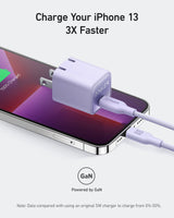 Anker Nano 30W USB-C charger for fast smartphone and device charging, compact design, shown plugged into a wall outlet.