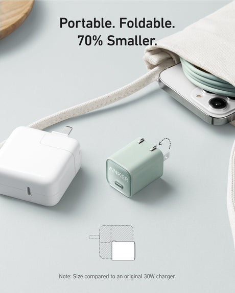 Anker Nano 30W charger for fast charging devices, compact design with USB-C port, shown in black with charging cable.