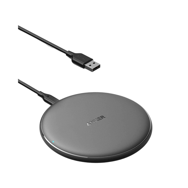 Anker 313 wireless charging pad for fast and convenient smartphone charging, black, slim design on a neutral surface.