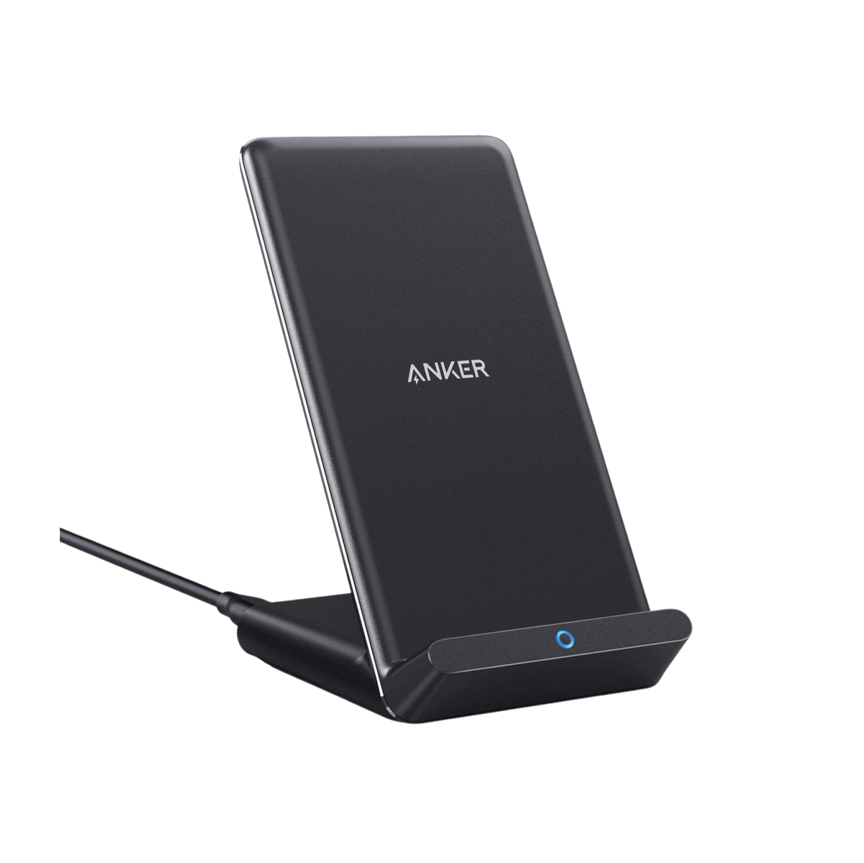 Anker 313 wireless charging stand for smartphones, black, with a sleek vertical design and charging pad for Qi-enabled devices