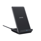 Anker 313 wireless charging stand for smartphones, black, with a sleek vertical design and charging pad for Qi-enabled devices