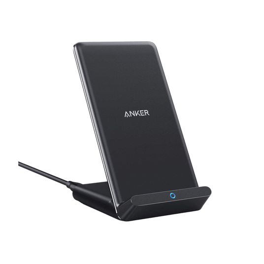 Anker 313 wireless charging stand for smartphones, black, with a sleek vertical design and charging pad for Qi-enabled devices