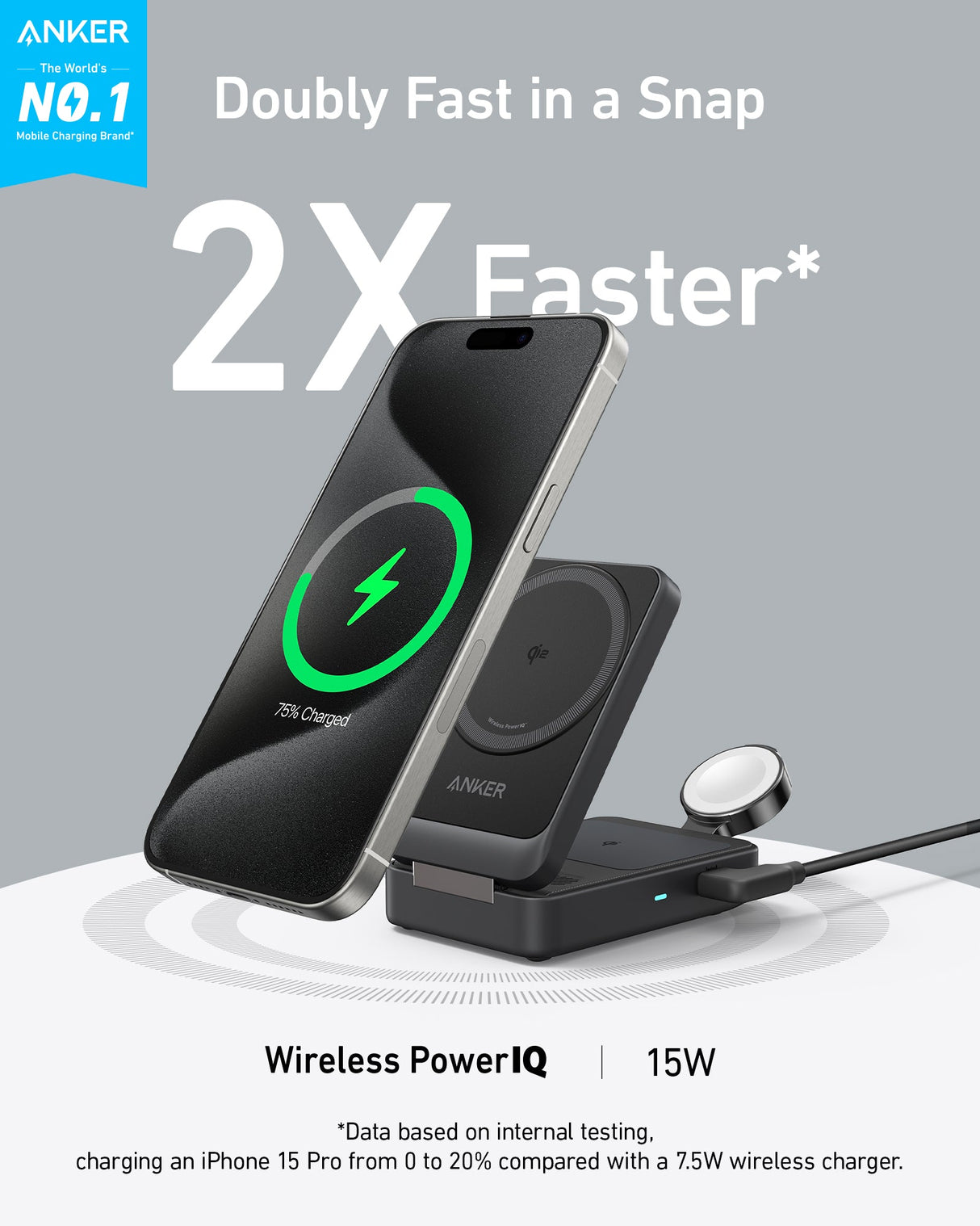 Anker MagGo 3-in-1 foldable wireless charging station with space for phone, Apple Watch, and AirPods on a clean surface.
