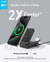 Anker MagGo 3-in-1 foldable wireless charging station with space for phone, Apple Watch, and AirPods on a clean surface.
