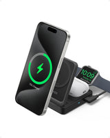 Anker MagGo Wireless Charging Station foldable 3-in-1 with charging pads and adjustable stand for smartphones and accessories.