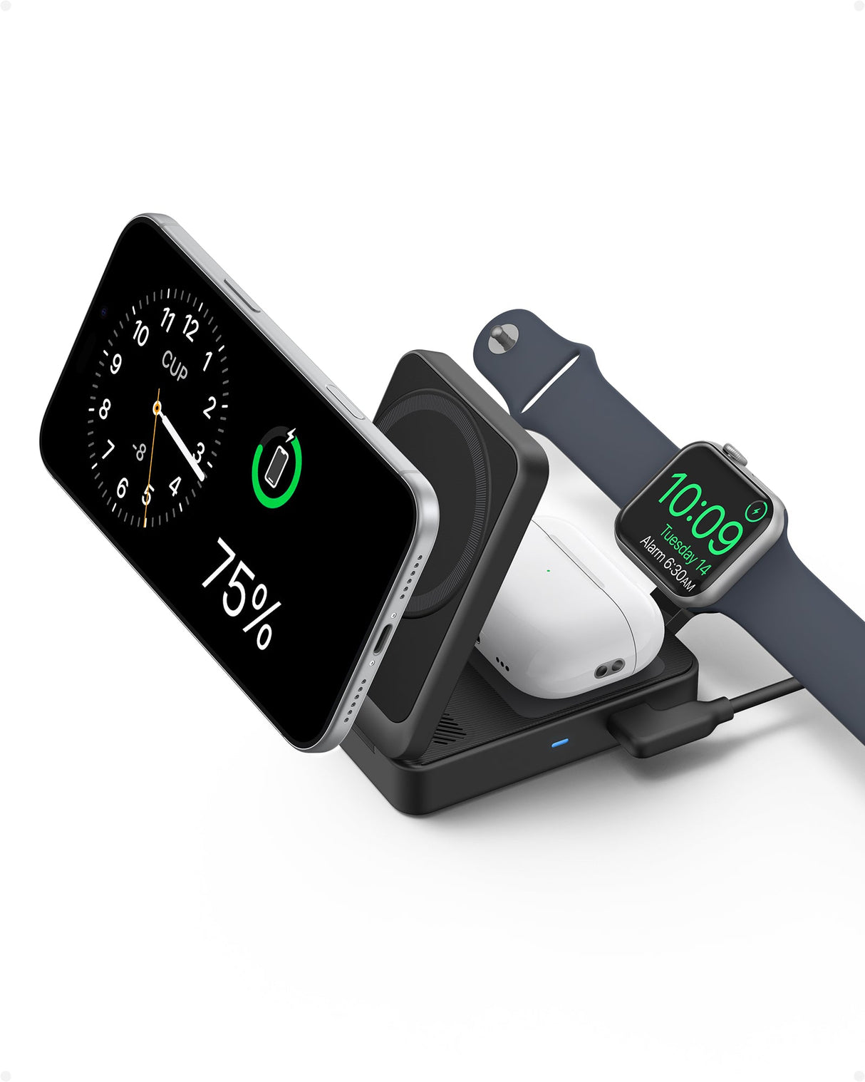 Anker MagGo wireless charging station foldable 3-in-1 with phone, watch, and AirPods charging pads on a sleek surface.