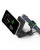 Anker MagGo wireless charging station foldable 3-in-1 with phone, watch, and AirPods charging pads on a sleek surface.