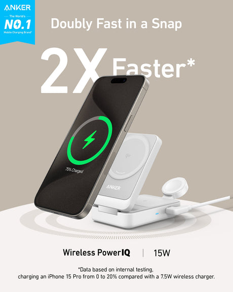 Anker MagGo 3-in-1 foldable wireless charging station with multiple device charging pads and sleek black design.