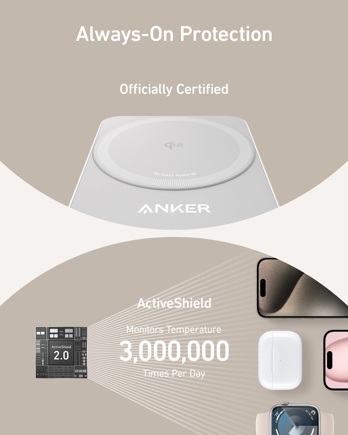 Anker MagGo wireless charging station, foldable 3-in-1 design with charging pads for phone, earbuds, and smartwatch.