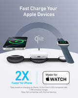 Anker MagGo 3-in-1 wireless charging station with foldable pad for iPhone, Apple Watch, and AirPods, shown on a desk.
