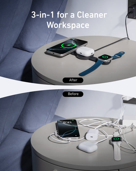 Anker MagGo 3-in-1 wireless charging station with foldable pad for iPhone, Apple Watch, and AirPods, black design