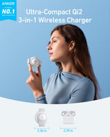 Anker MagGo 3-in-1 wireless charging station with foldable pad for iPhone, AirPods, and Apple Watch on a white surface.