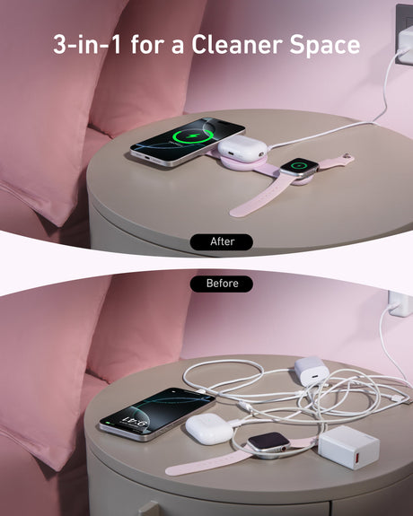 Anker MagGo 3-in-1 wireless charging station with foldable pad for iPhone, Apple Watch, and AirPods, black and sleek design