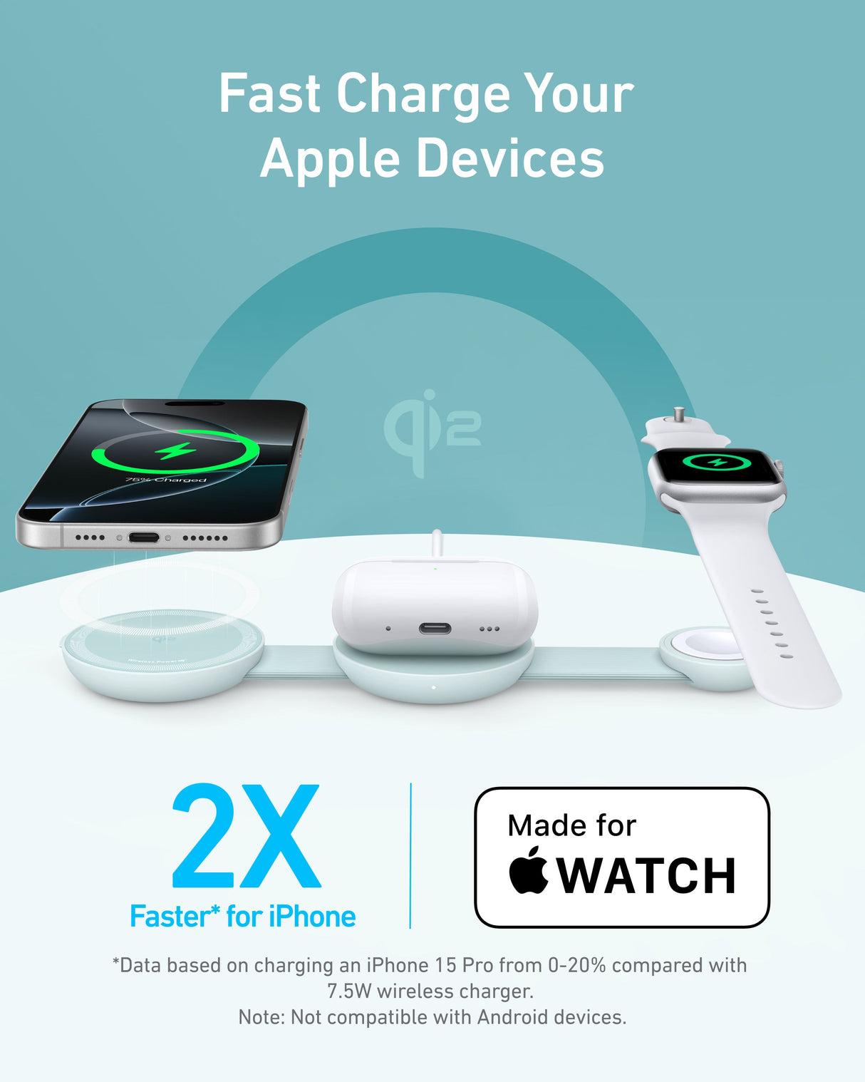 Anker MagGo wireless charging station 3-in-1 foldable pad with phone, watch, and earbuds charging areas on sleek black surface