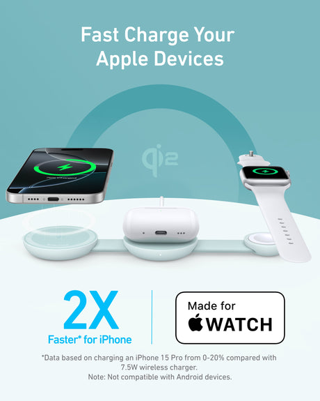 Anker MagGo wireless charging station 3-in-1 foldable pad with phone, watch, and earbuds charging areas on sleek black surface