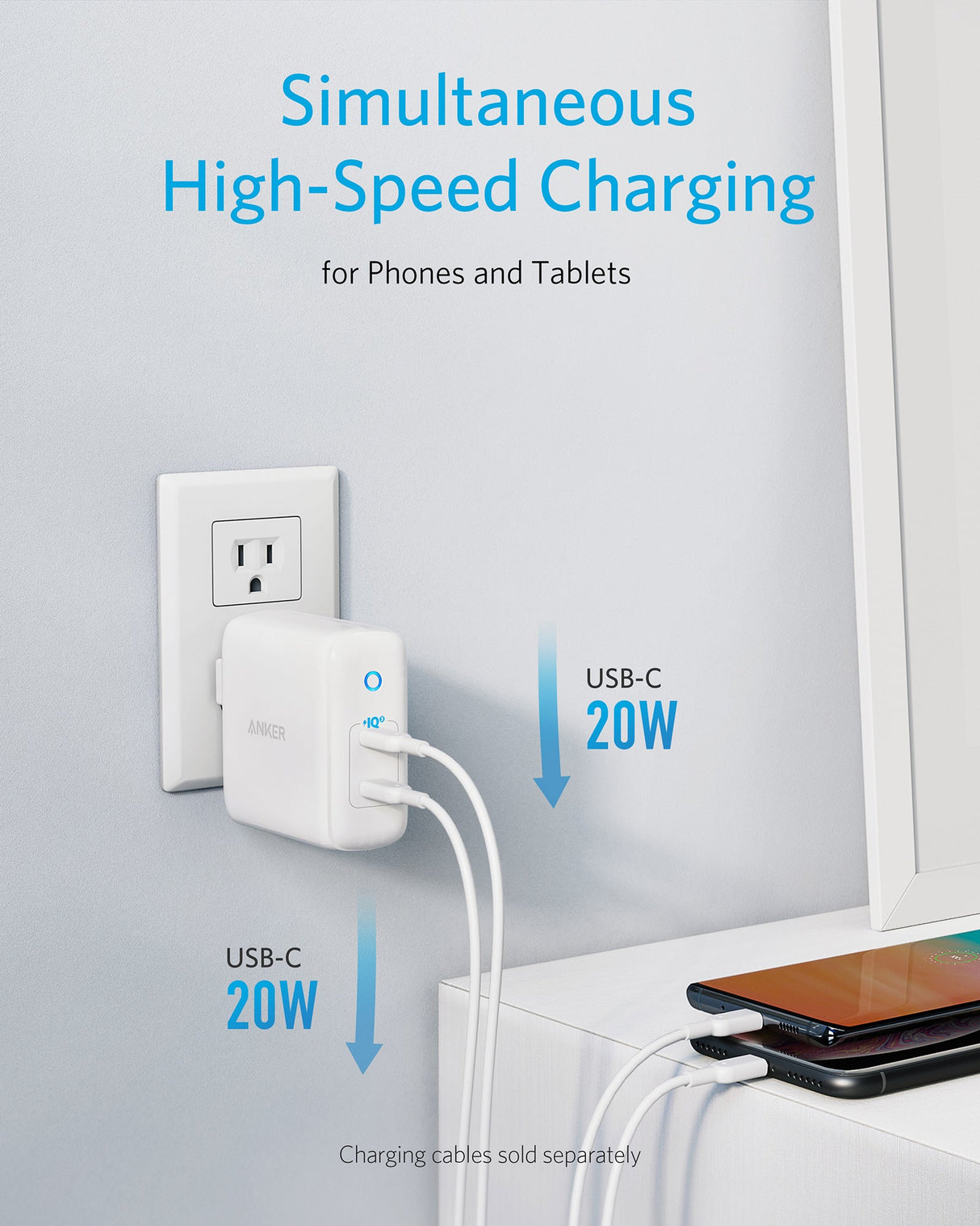 Anker 324 Charger 40W charging device with compact design and USB-C port for fast device recharging.