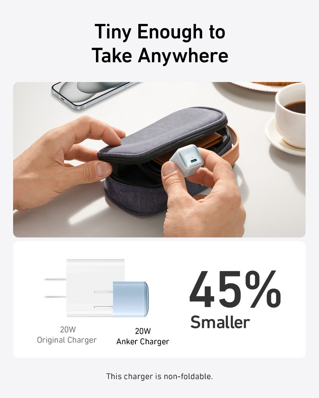 Anker Nano 20W charger for fast charging, compact design with USB-C port for smartphones and devices.